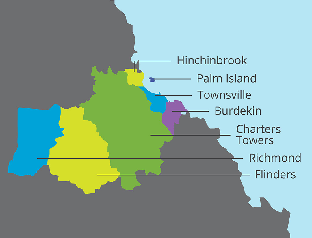 A solid colour graphic map of the Northern Queensland region.