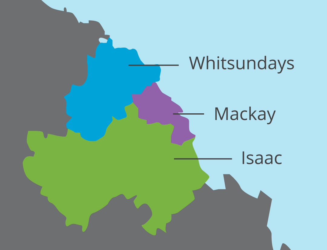 A solid colour graphic map of the Mackay - Isaac - Whitsundays region.